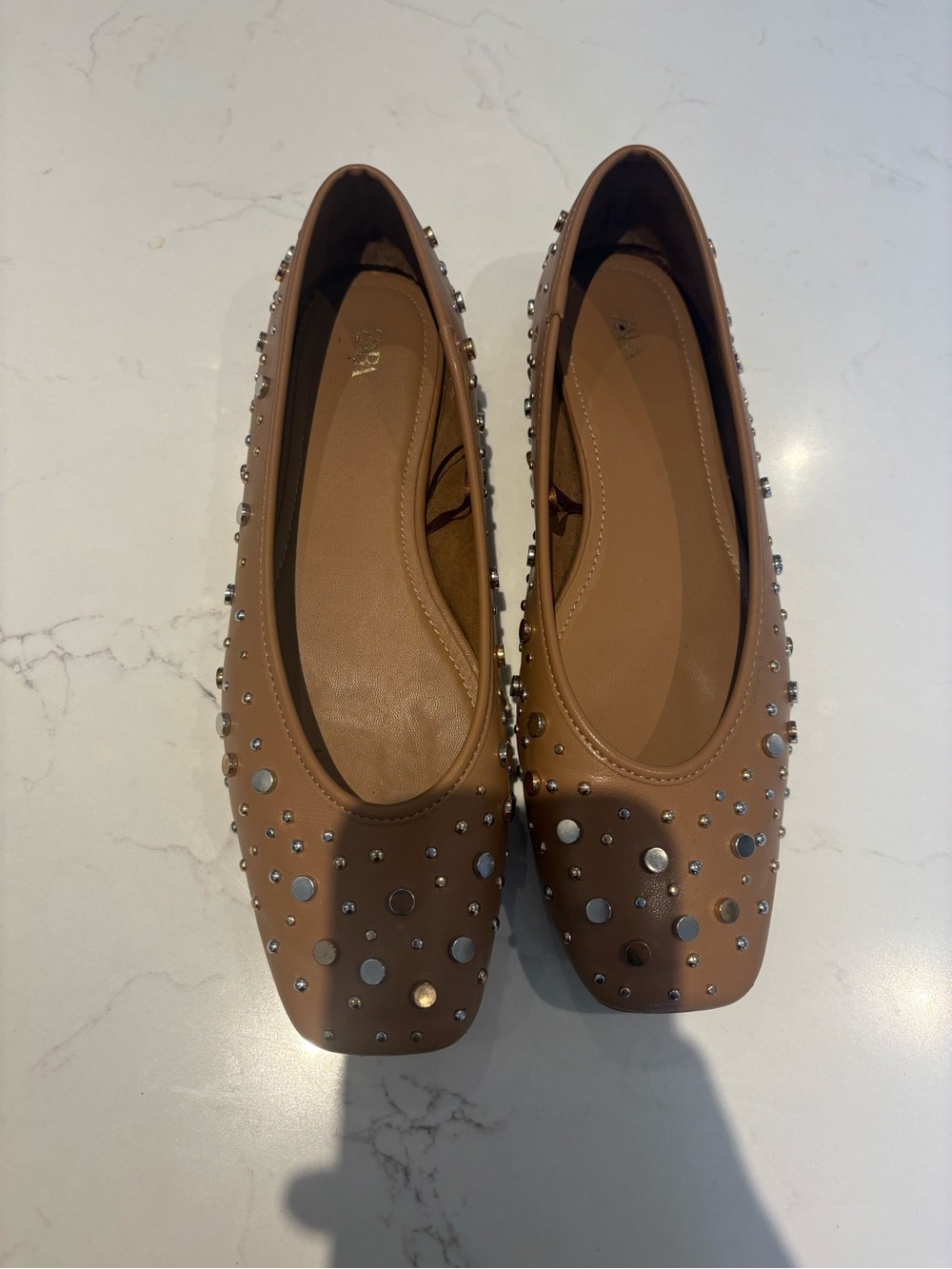 Zara Tan Studded Leather Ballet Flats